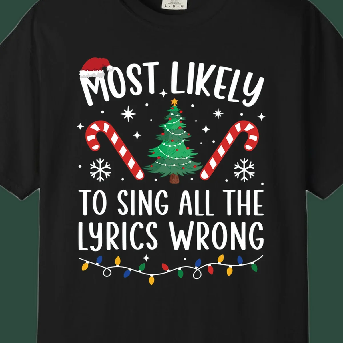 Most likely to sing all the lyrics wrong christmas design with text and festive icons.