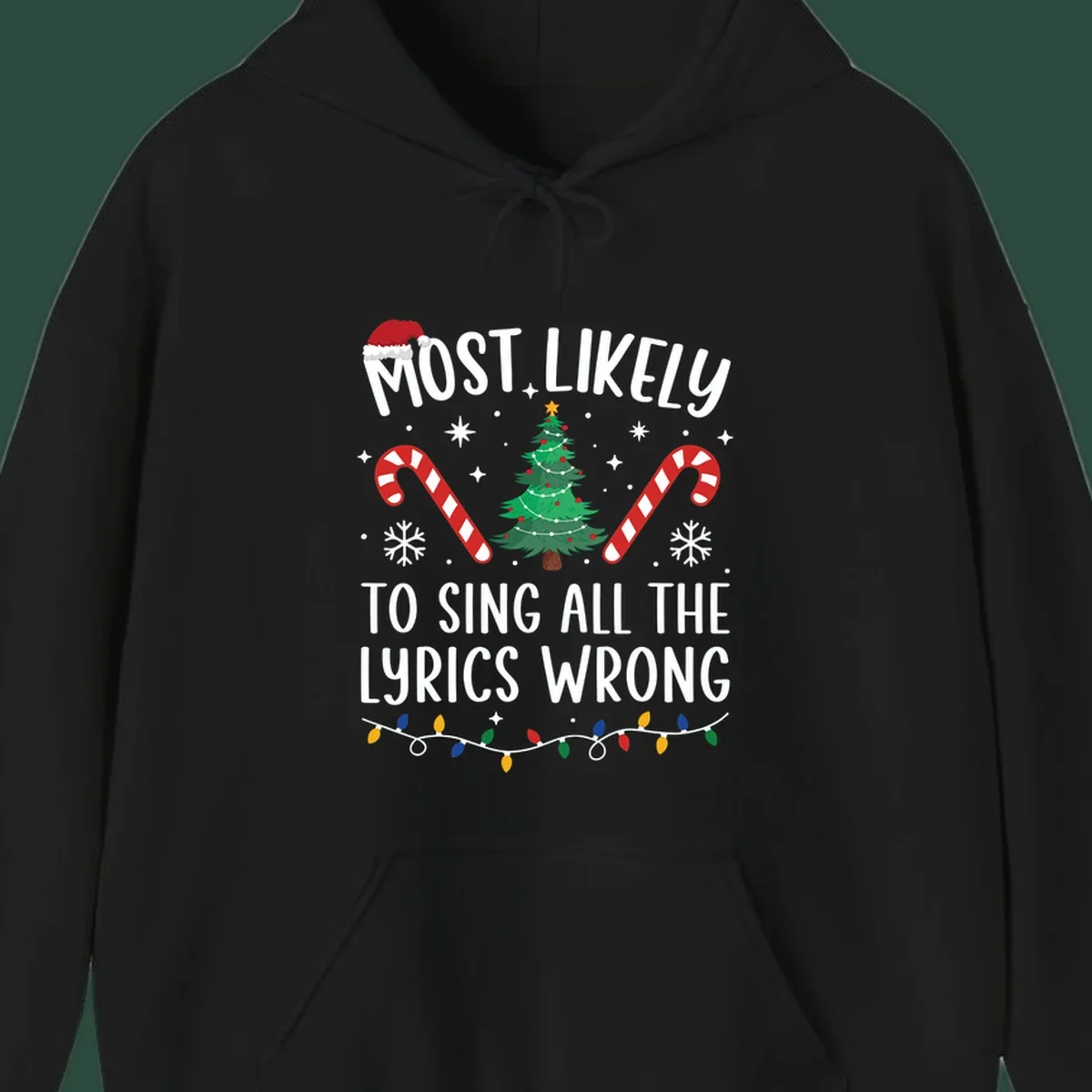 Most likely to sing all the lyrics wrong christmas design with text and festive icons.