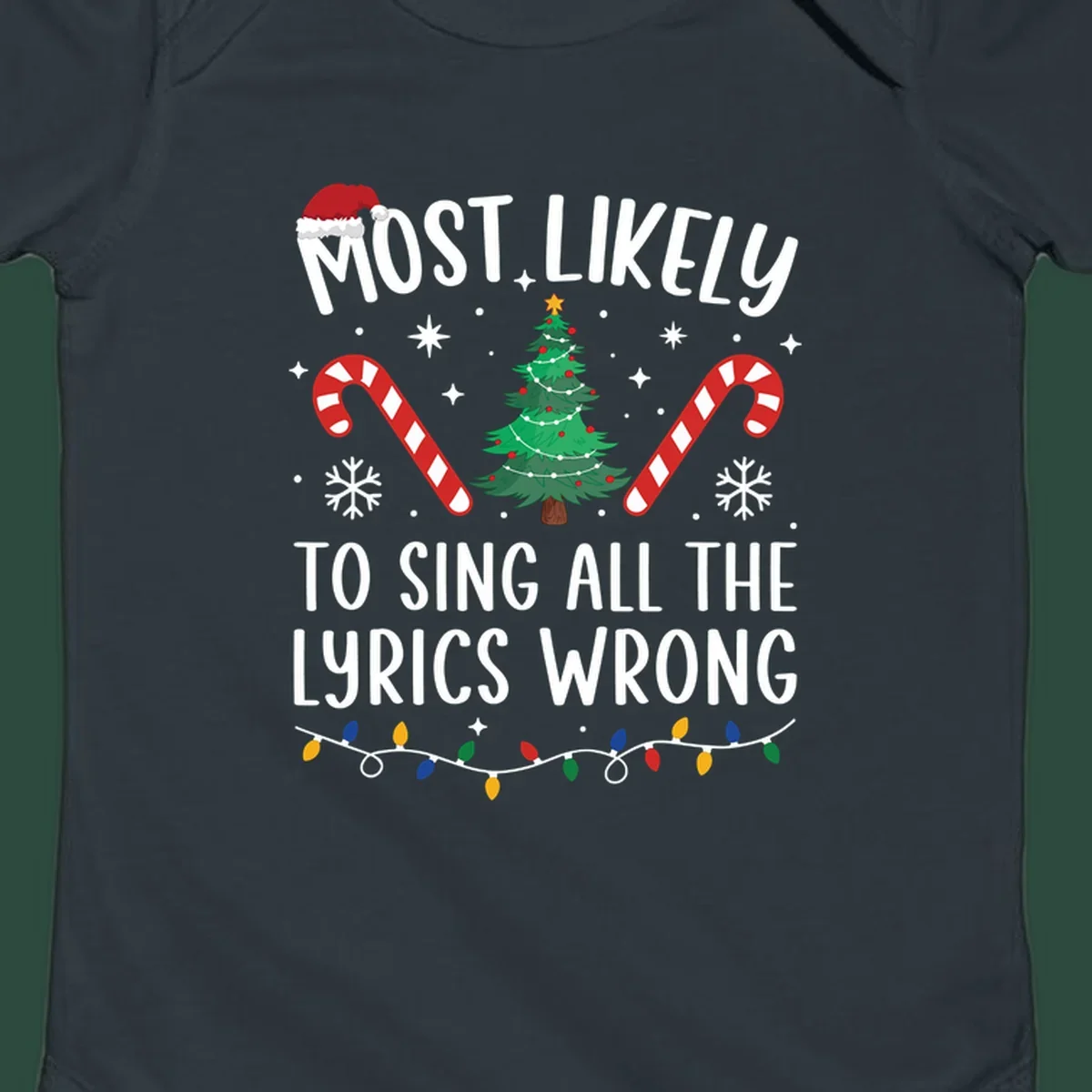 Most likely to sing all the lyrics wrong christmas design with text and festive icons.