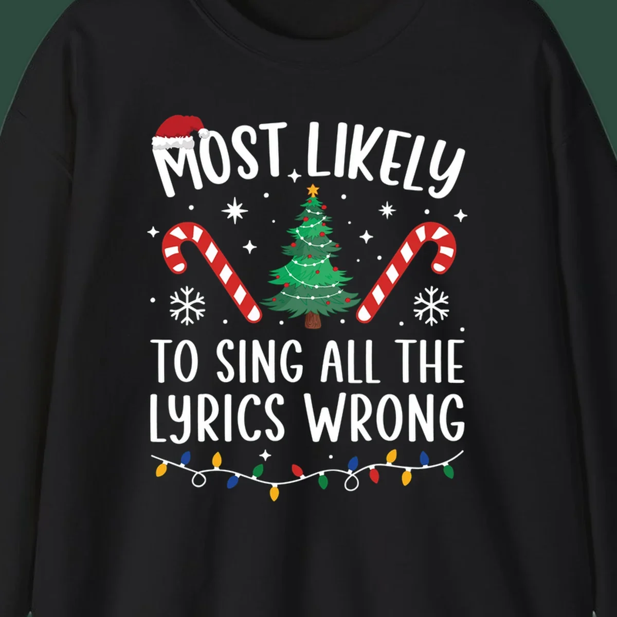 Most likely to sing all the lyrics wrong christmas design with text and festive icons.