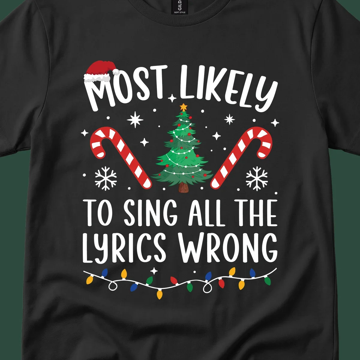 Most likely to sing all the lyrics wrong christmas design with text and festive icons.