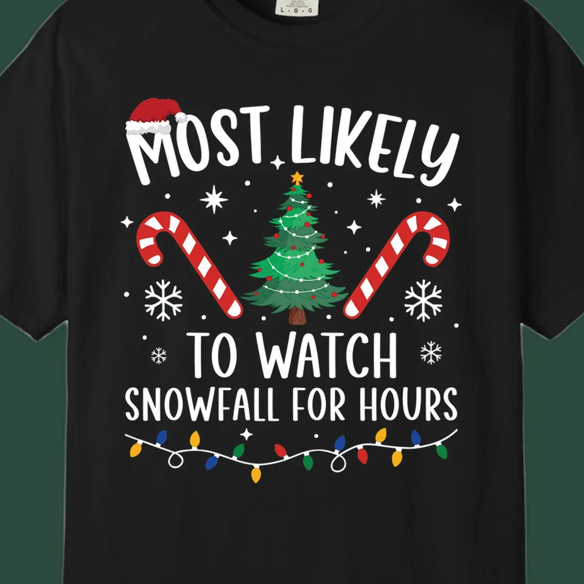Most Likely To Watch Snowfall For Hours Christmas design with festive elements.