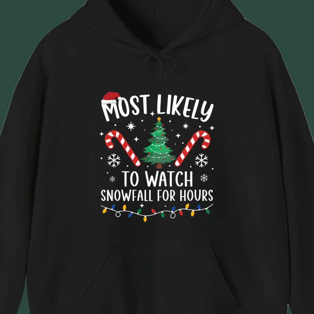 Most Likely To Watch Snowfall For Hours Christmas design with festive elements.