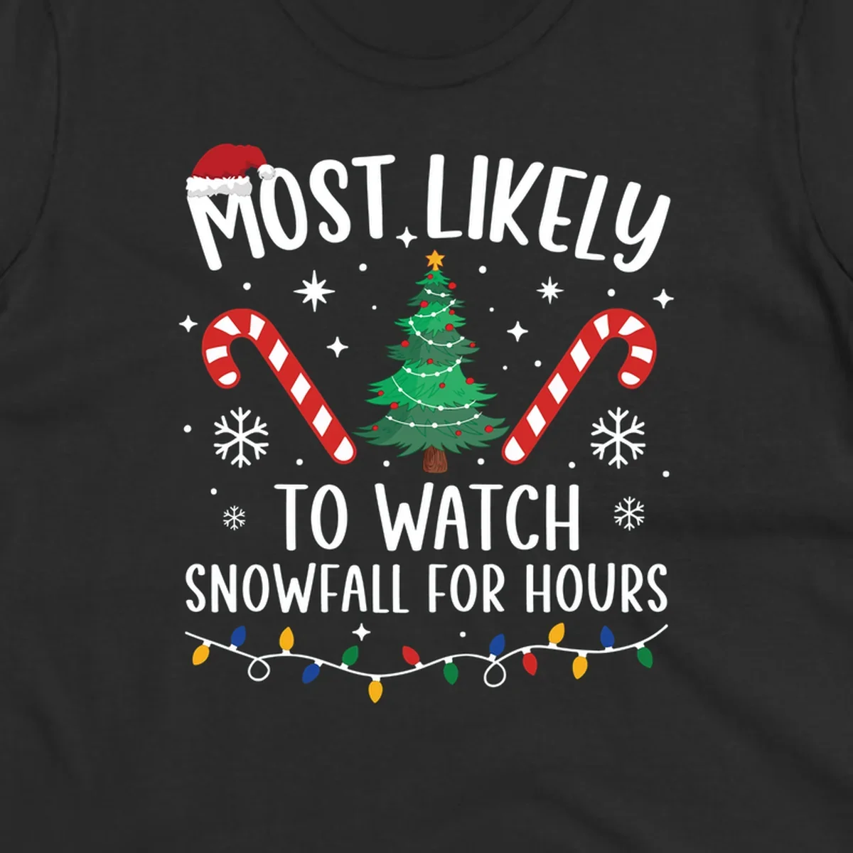 Most Likely To Watch Snowfall For Hours Christmas design with festive elements.