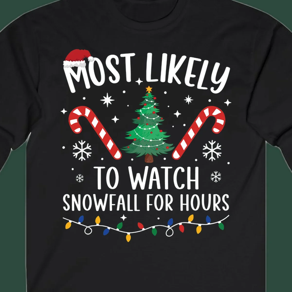 Most Likely To Watch Snowfall For Hours Christmas design with festive elements.
