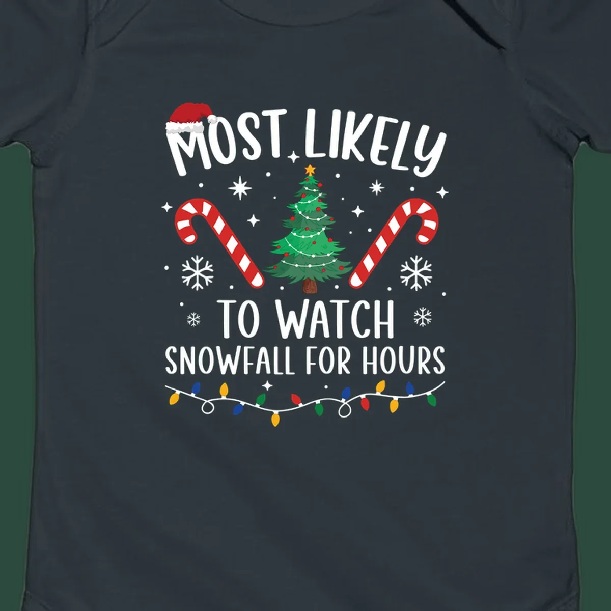 Most Likely To Watch Snowfall For Hours Christmas design with festive elements.