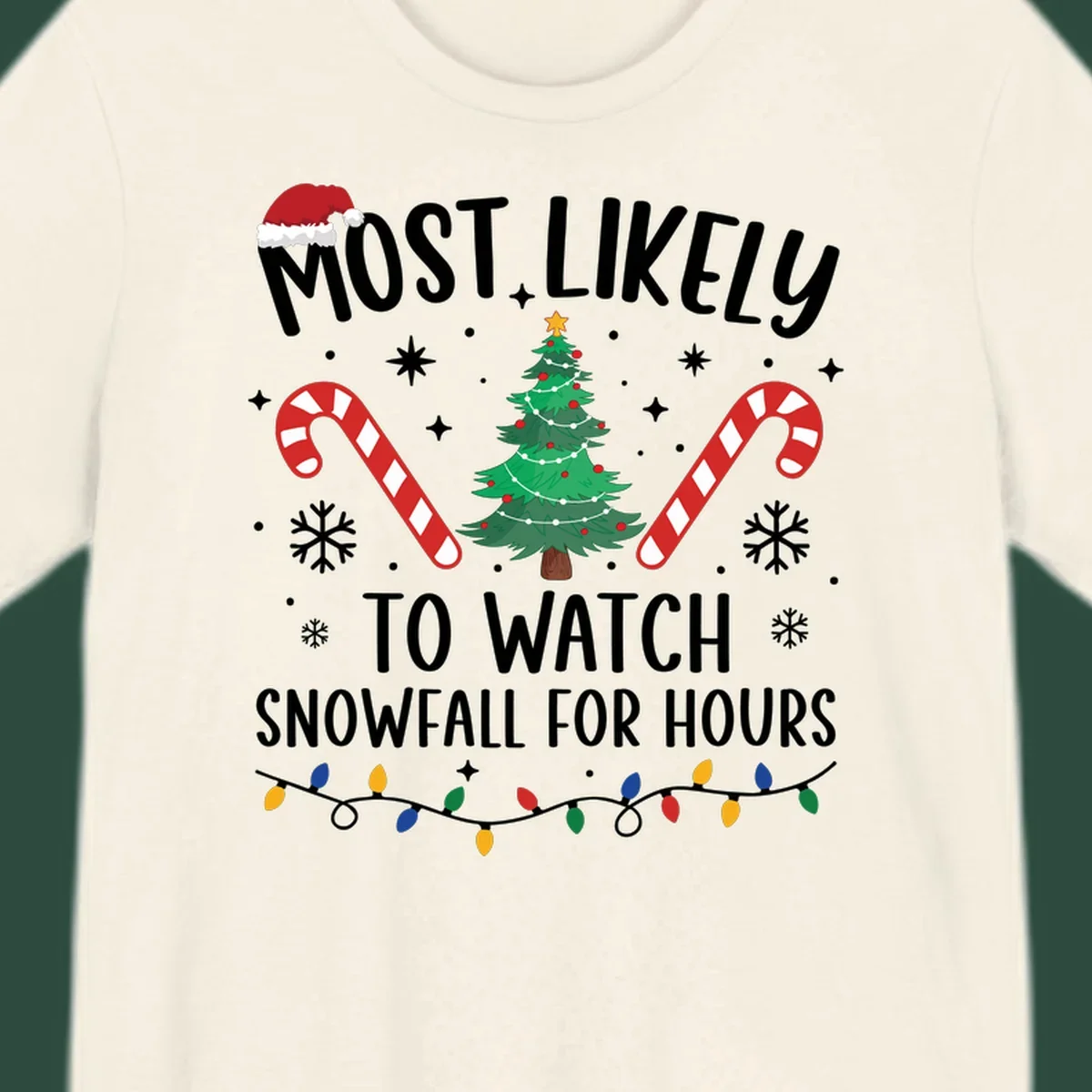 Most Likely To Watch Snowfall For Hours Christmas design with festive elements.