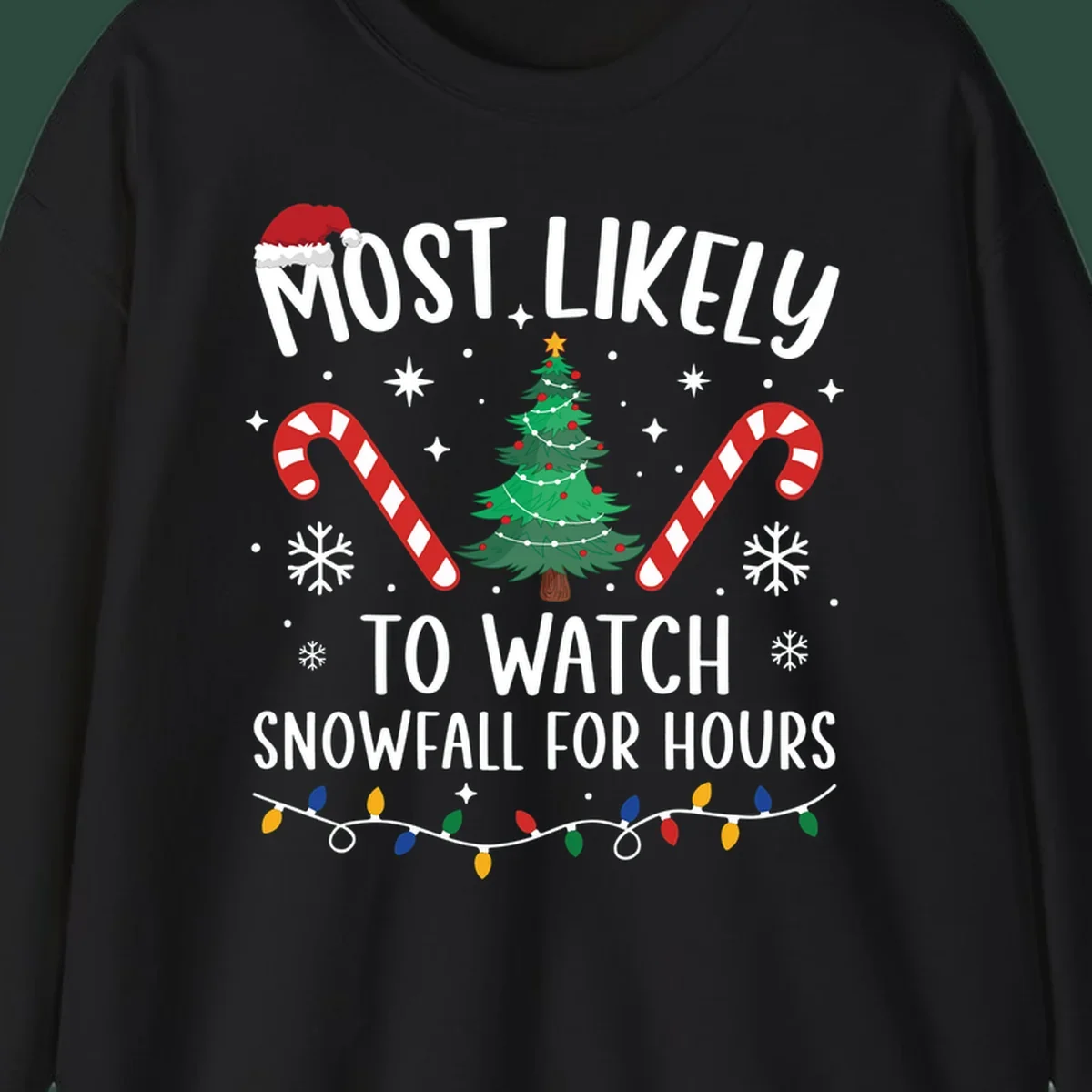 Most Likely To Watch Snowfall For Hours Christmas design with festive elements.