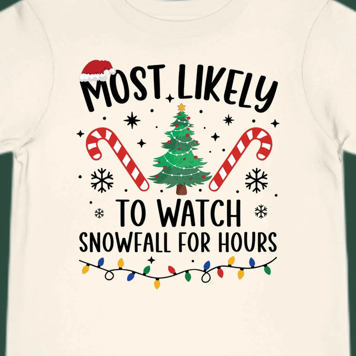 Most Likely To Watch Snowfall For Hours Christmas design with festive elements.