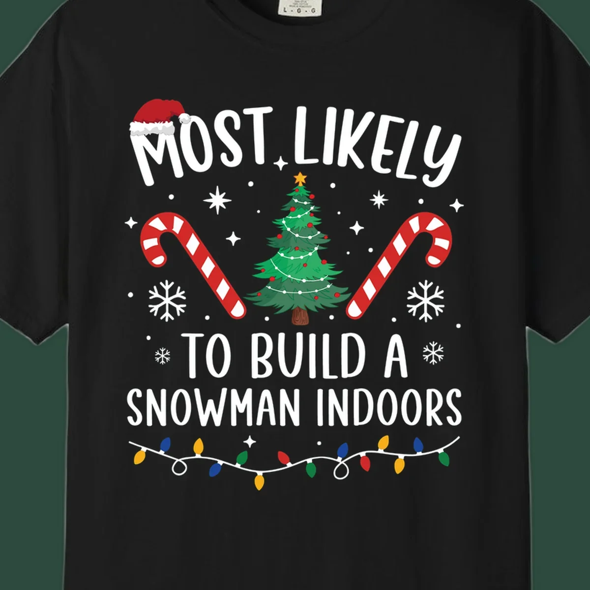 Most Likely To Build A Snowman Indoors text with Christmas graphics, including a tree and candy canes.