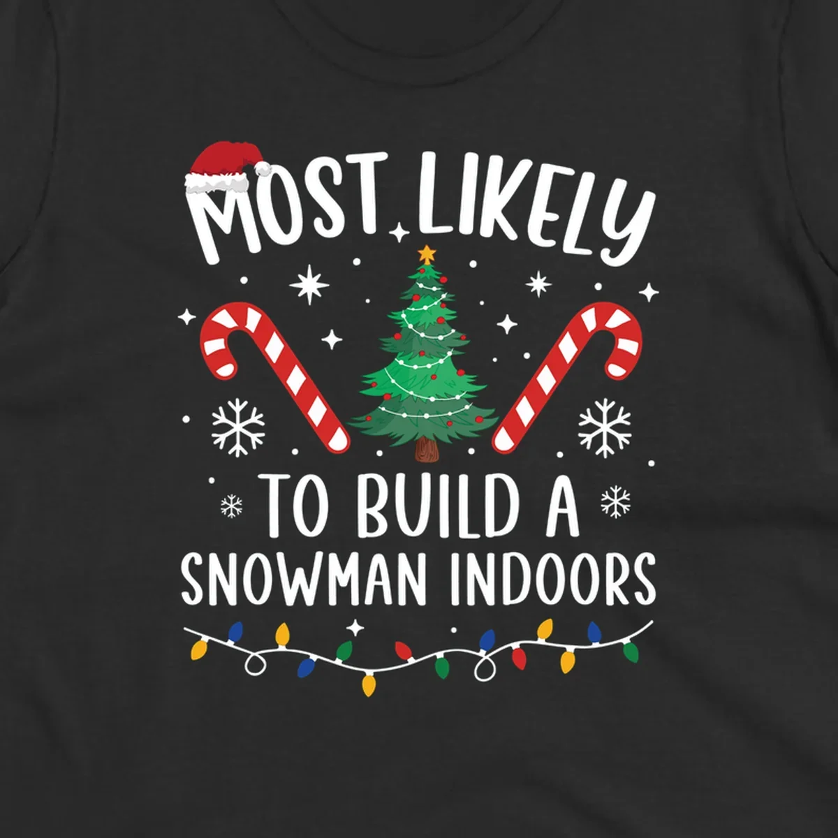Most Likely To Build A Snowman Indoors text with Christmas graphics, including a tree and candy canes.