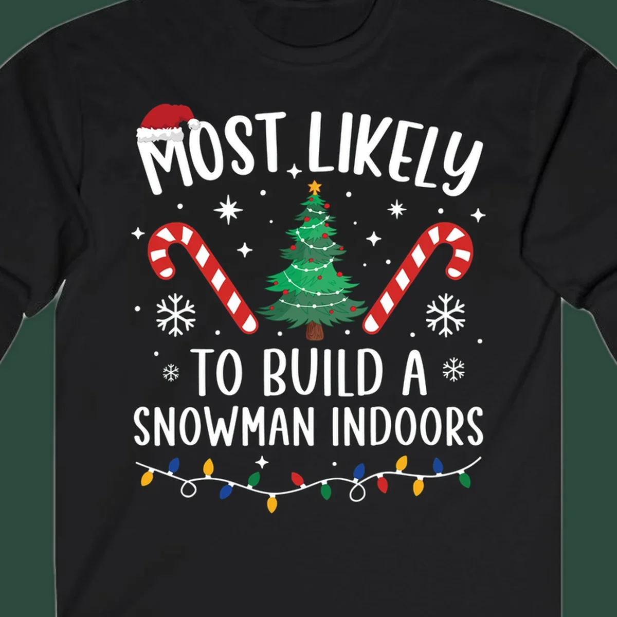 Most Likely To Build A Snowman Indoors text with Christmas graphics, including a tree and candy canes.