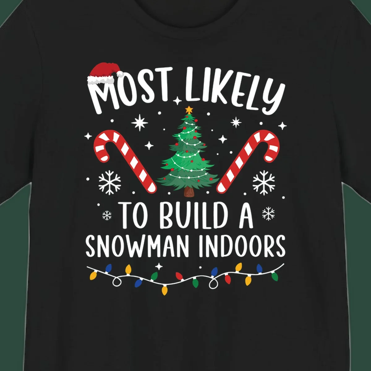 Most Likely To Build A Snowman Indoors text with Christmas graphics, including a tree and candy canes.