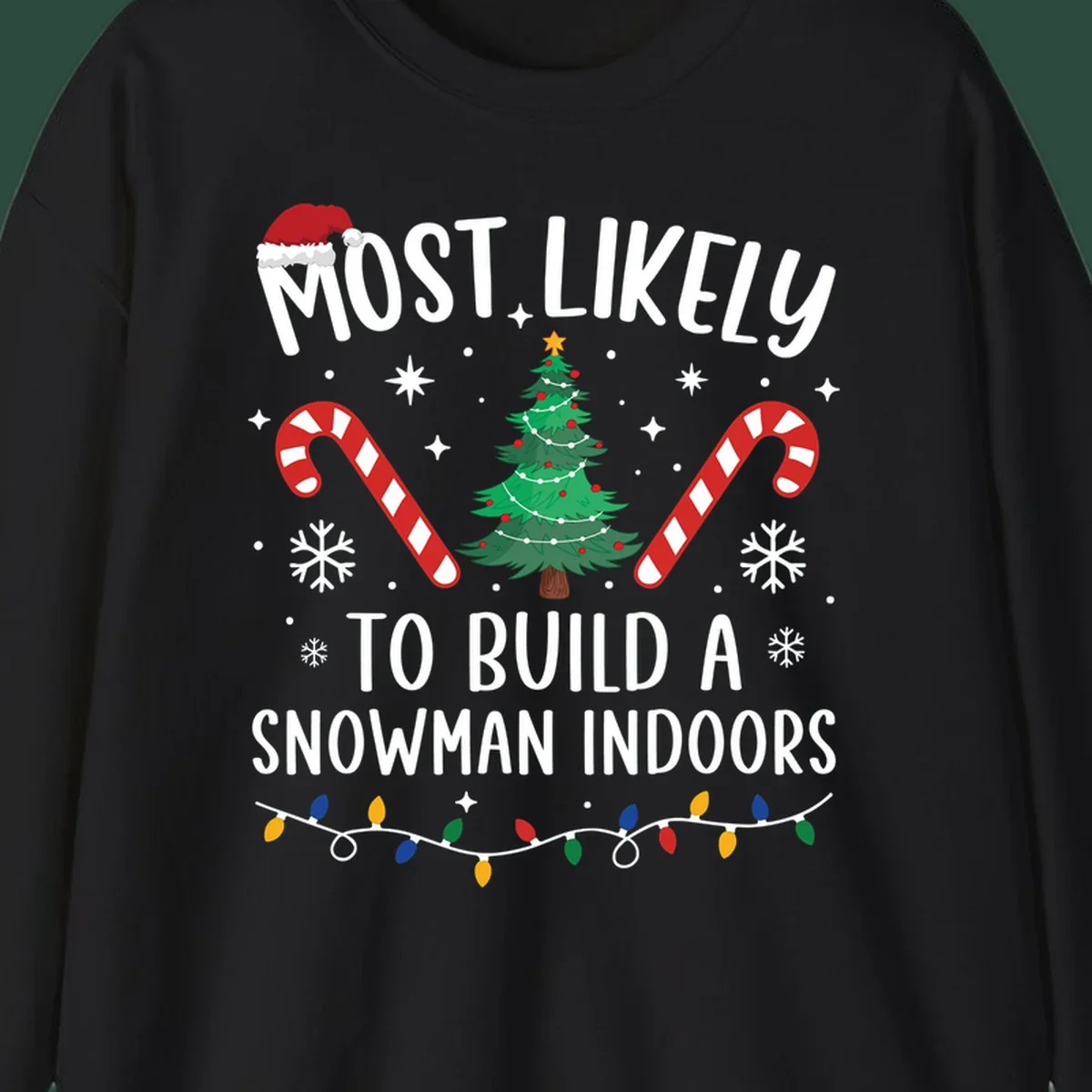 Most Likely To Build A Snowman Indoors text with Christmas graphics, including a tree and candy canes.