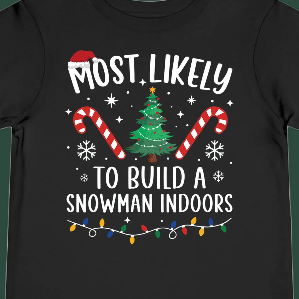 Most Likely To Build A Snowman Indoors text with Christmas graphics, including a tree and candy canes.