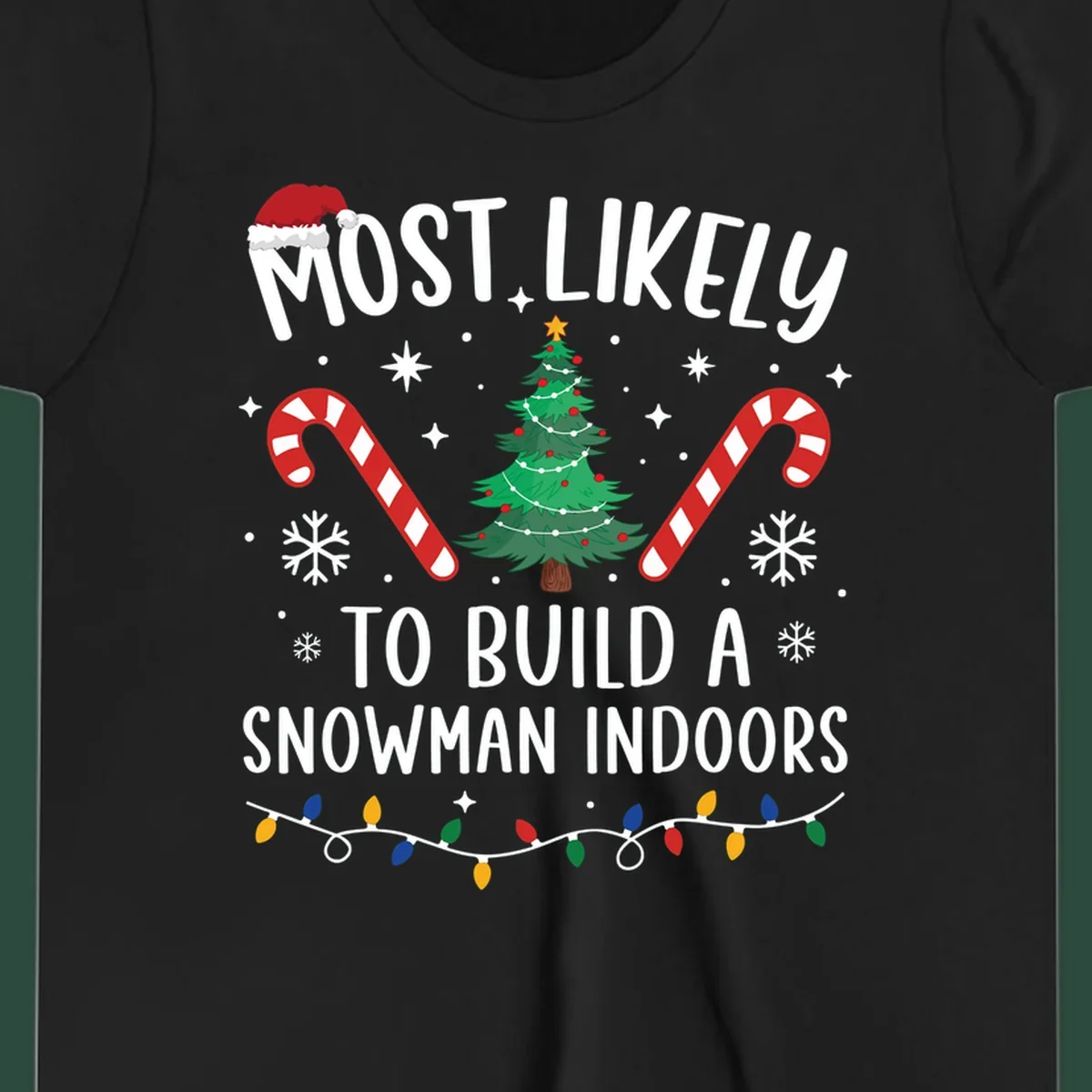 Most Likely To Build A Snowman Indoors text with Christmas graphics, including a tree and candy canes.