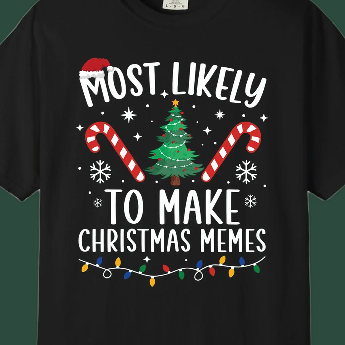 Most Likely To Make Christmas Memes text with festive holiday graphics.