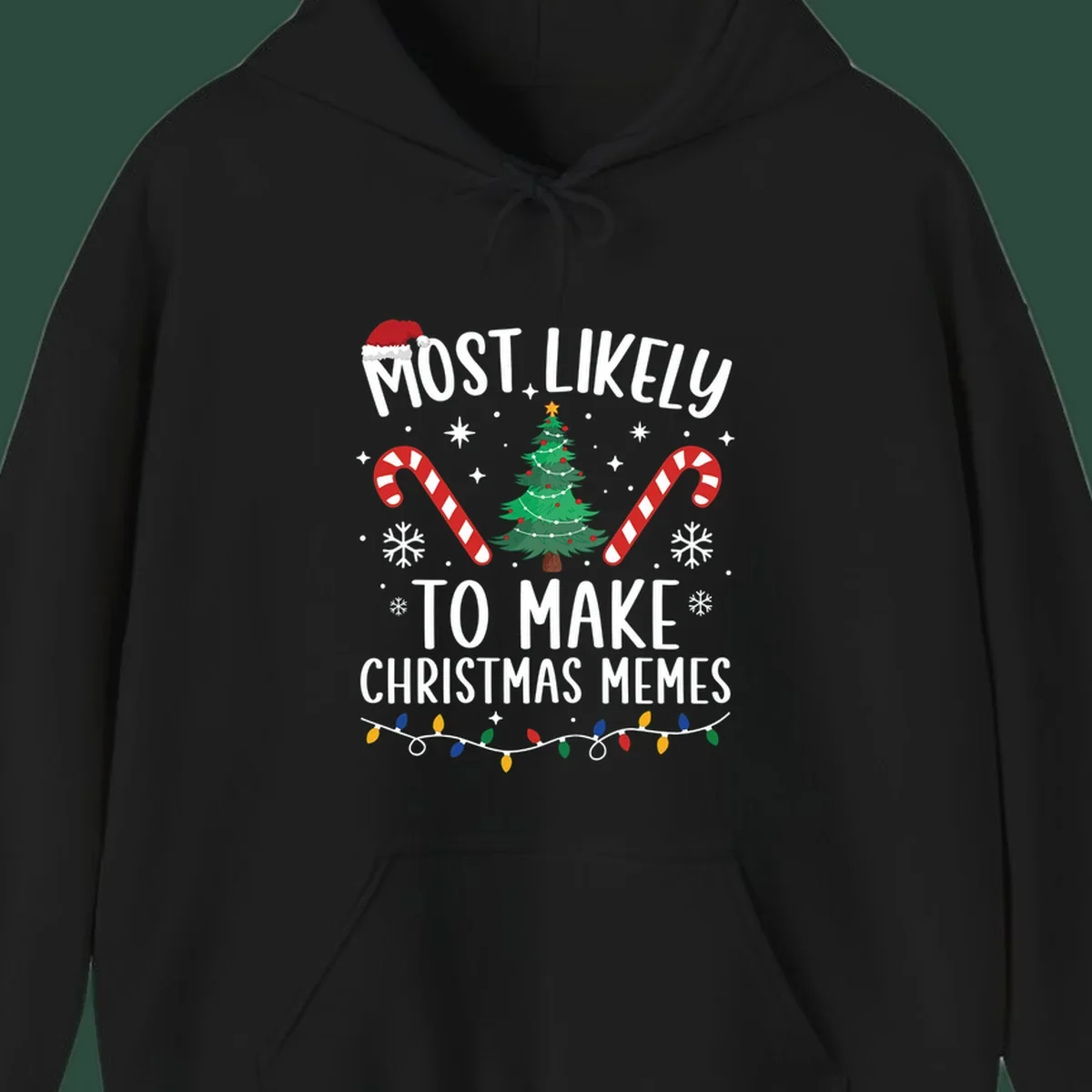 Most Likely To Make Christmas Memes text with festive holiday graphics.