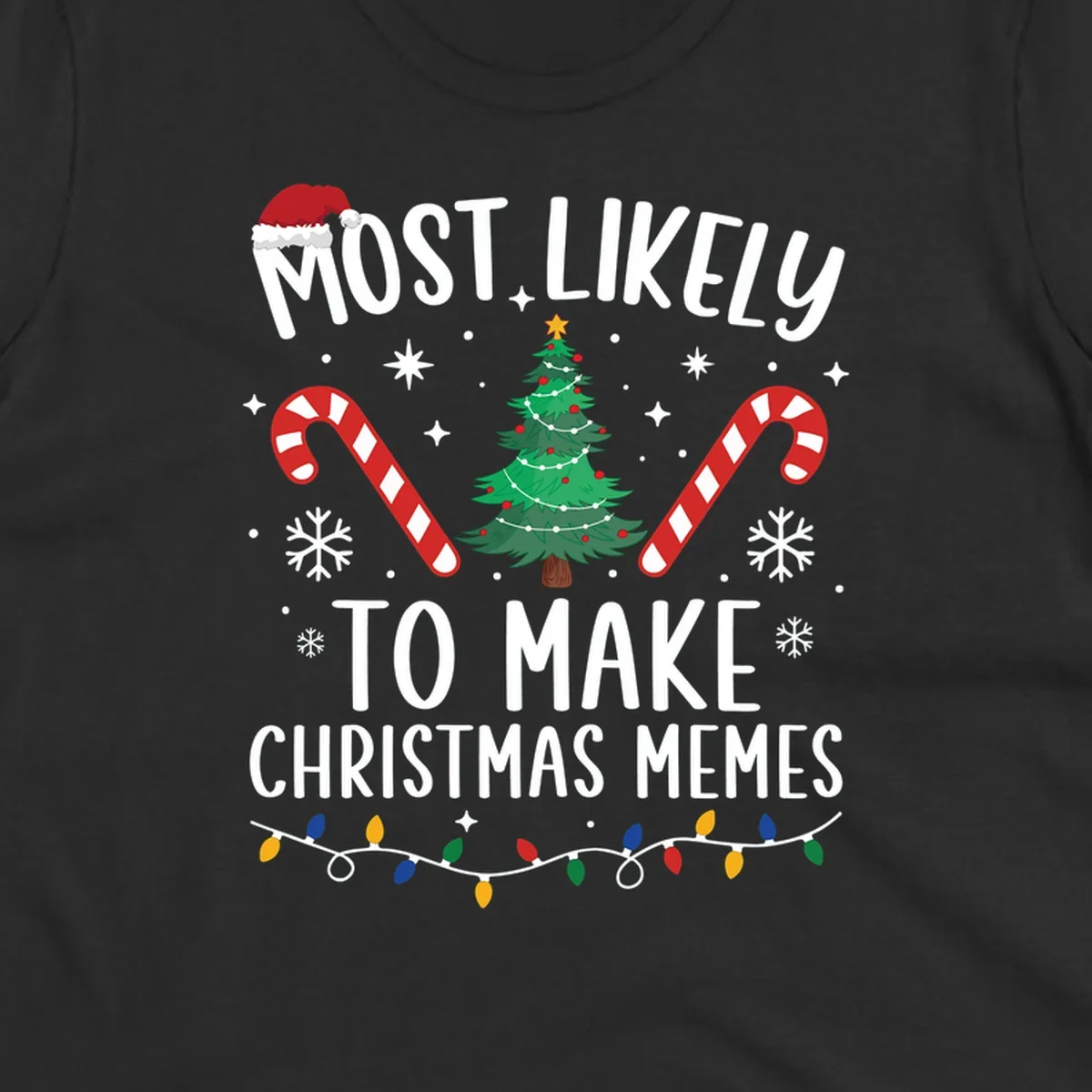 Most Likely To Make Christmas Memes text with festive holiday graphics.