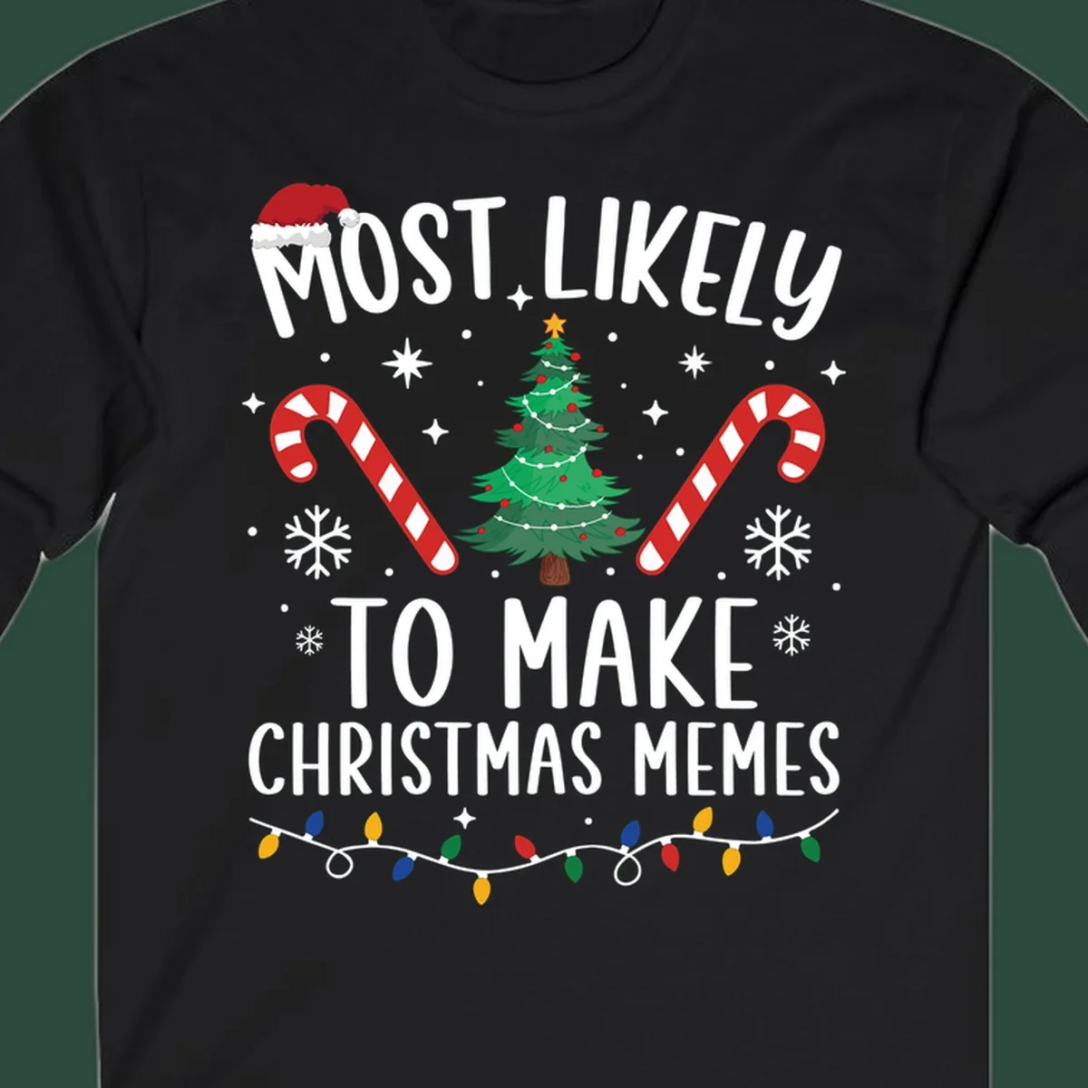 Most Likely To Make Christmas Memes text with festive holiday graphics.