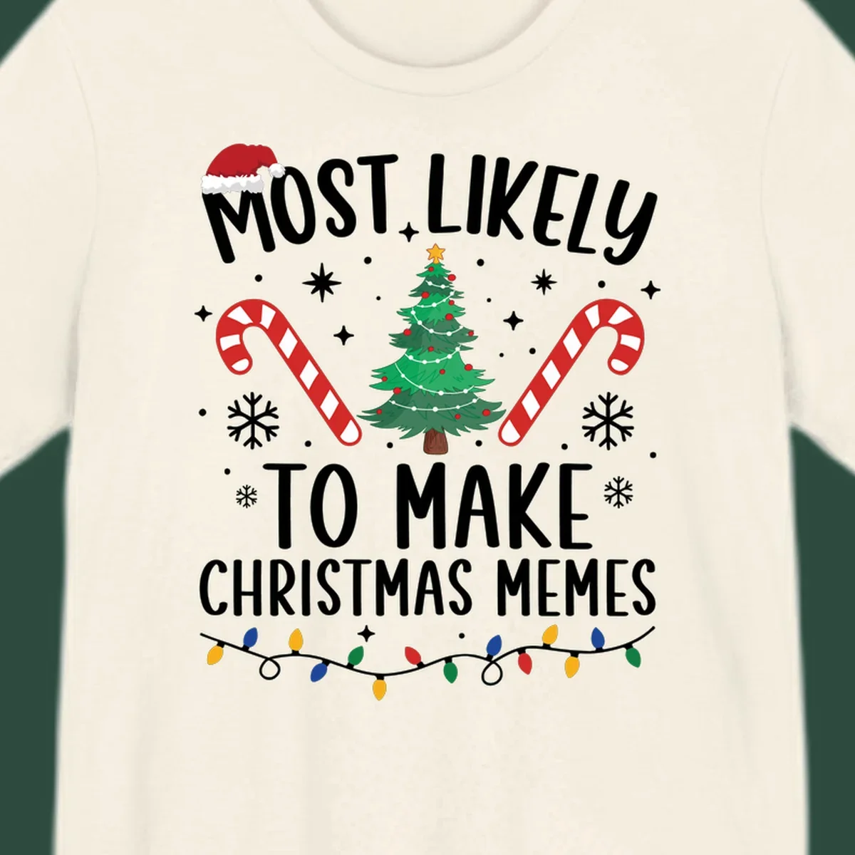 Most Likely To Make Christmas Memes text with festive holiday graphics.