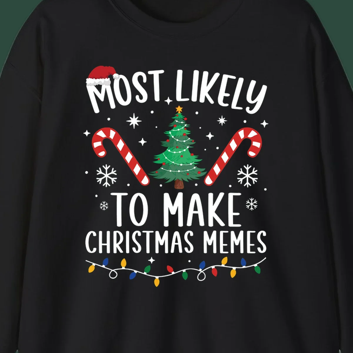 Most Likely To Make Christmas Memes text with festive holiday graphics.
