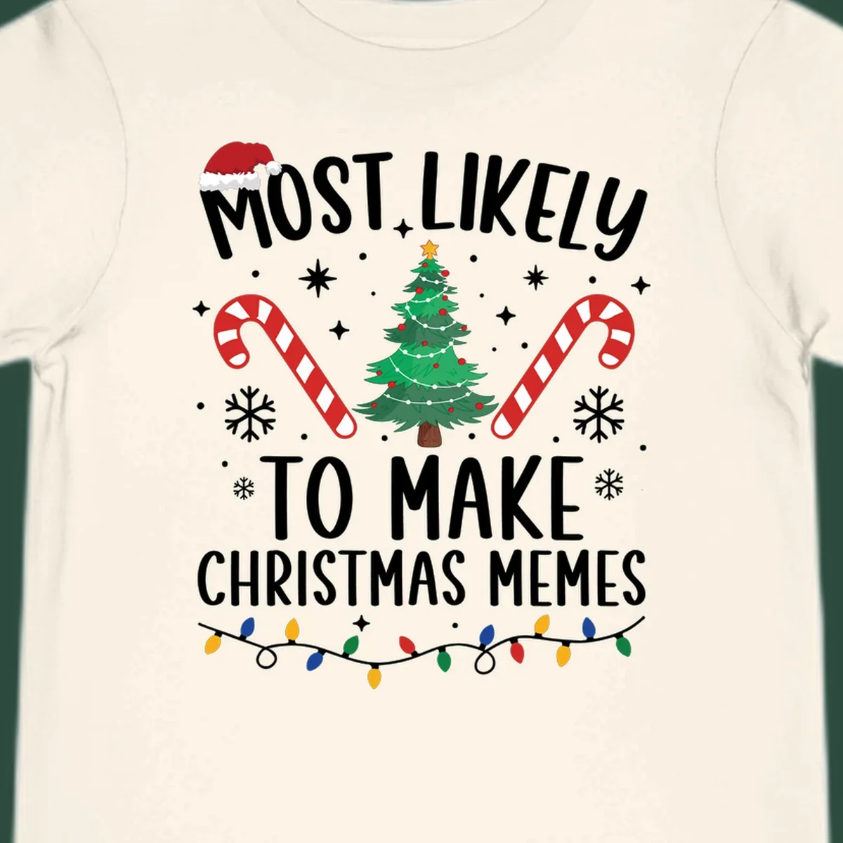 Most Likely To Make Christmas Memes text with festive holiday graphics.