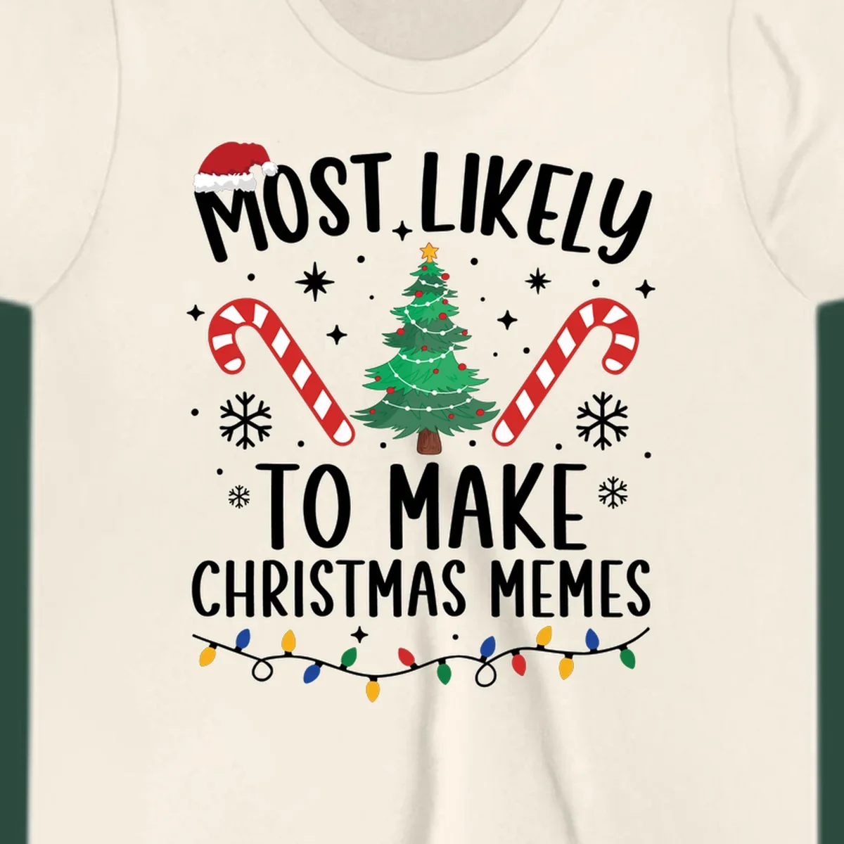 Most Likely To Make Christmas Memes text with festive holiday graphics.