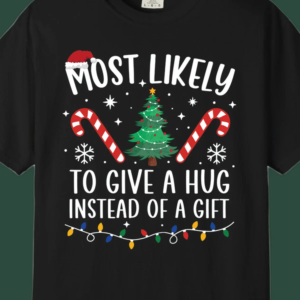 Most Likely To Give A Hug Christmas Design with text, tree, candy canes, and lights.