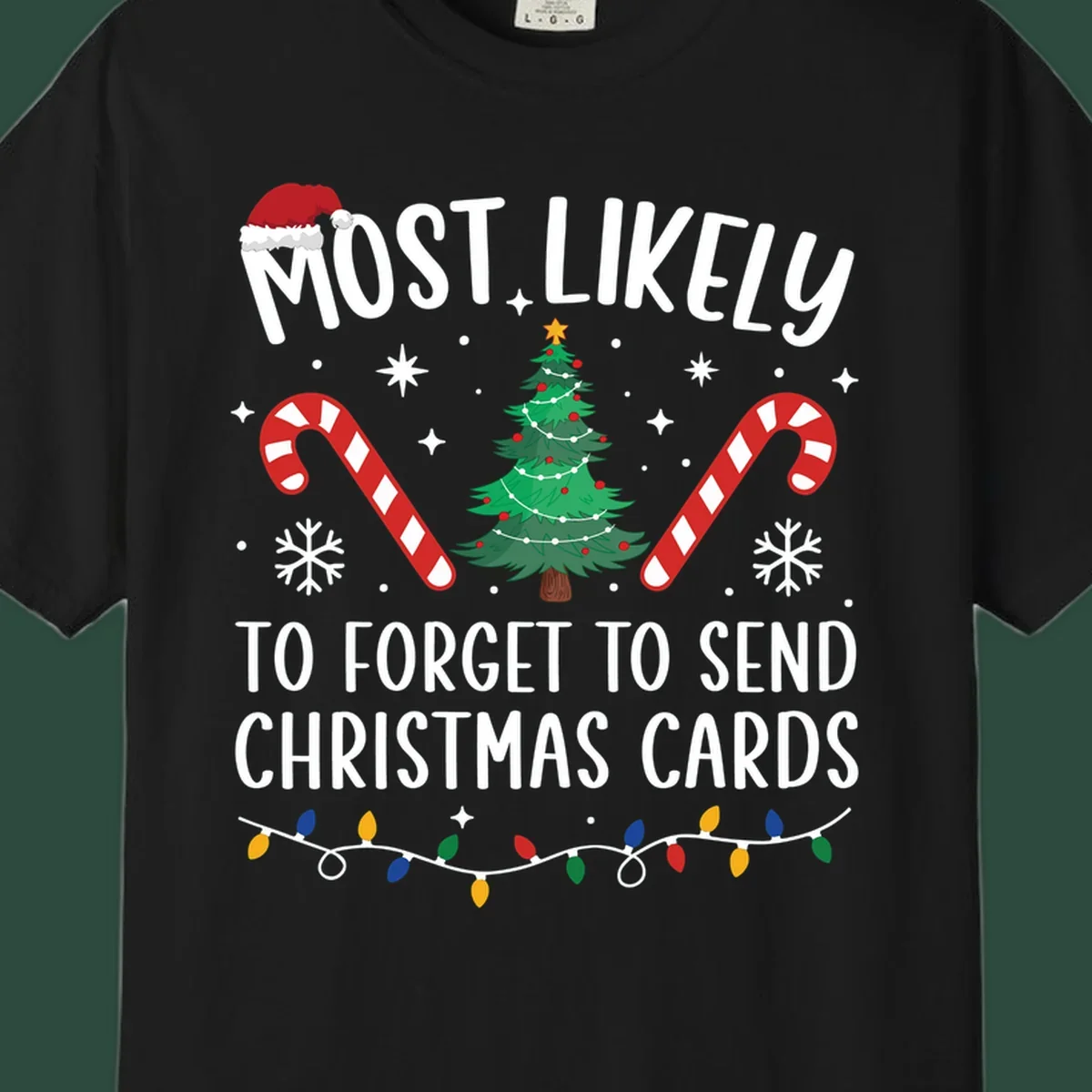 Text and graphics for "Most Likely To Forget Christmas Cards" design, featuring a Santa hat, tree, and candy canes.
