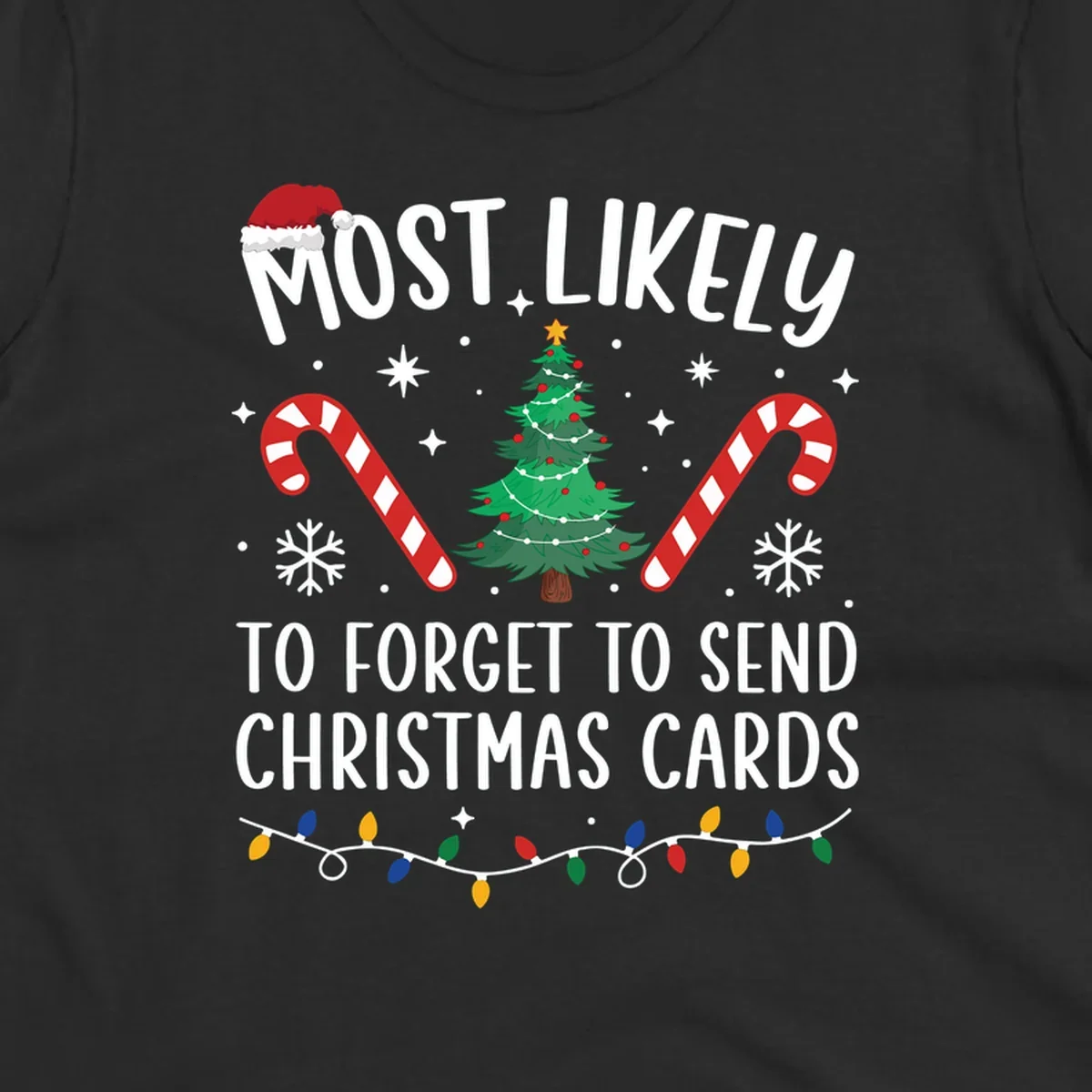 Text and graphics for "Most Likely To Forget Christmas Cards" design, featuring a Santa hat, tree, and candy canes.