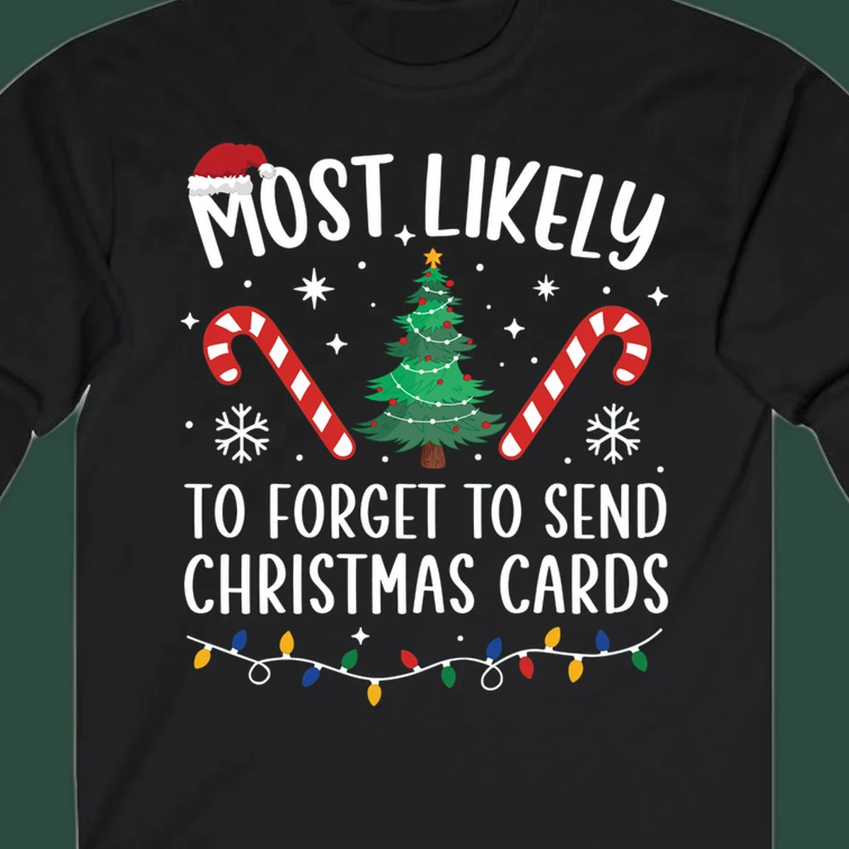 Text and graphics for "Most Likely To Forget Christmas Cards" design, featuring a Santa hat, tree, and candy canes.