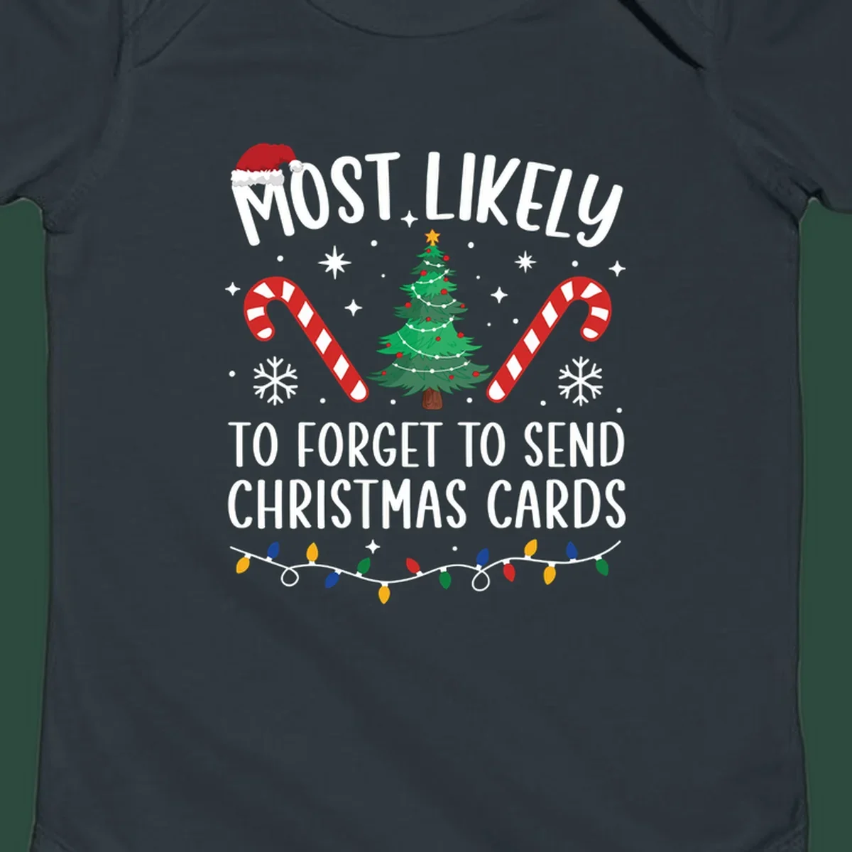 Text and graphics for "Most Likely To Forget Christmas Cards" design, featuring a Santa hat, tree, and candy canes.
