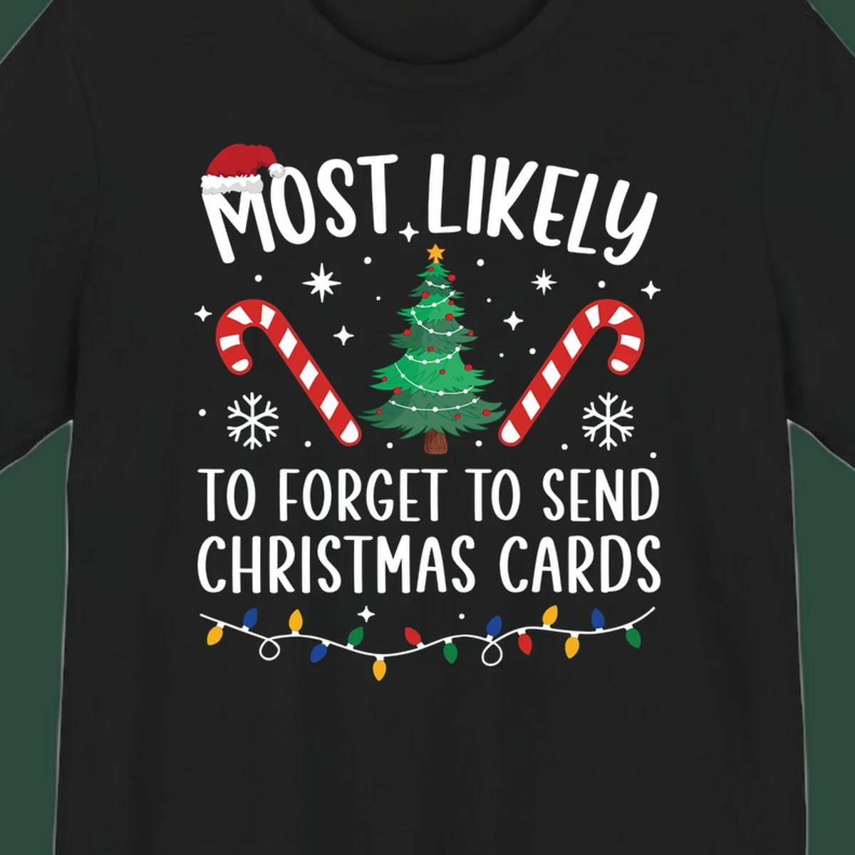 Text and graphics for "Most Likely To Forget Christmas Cards" design, featuring a Santa hat, tree, and candy canes.