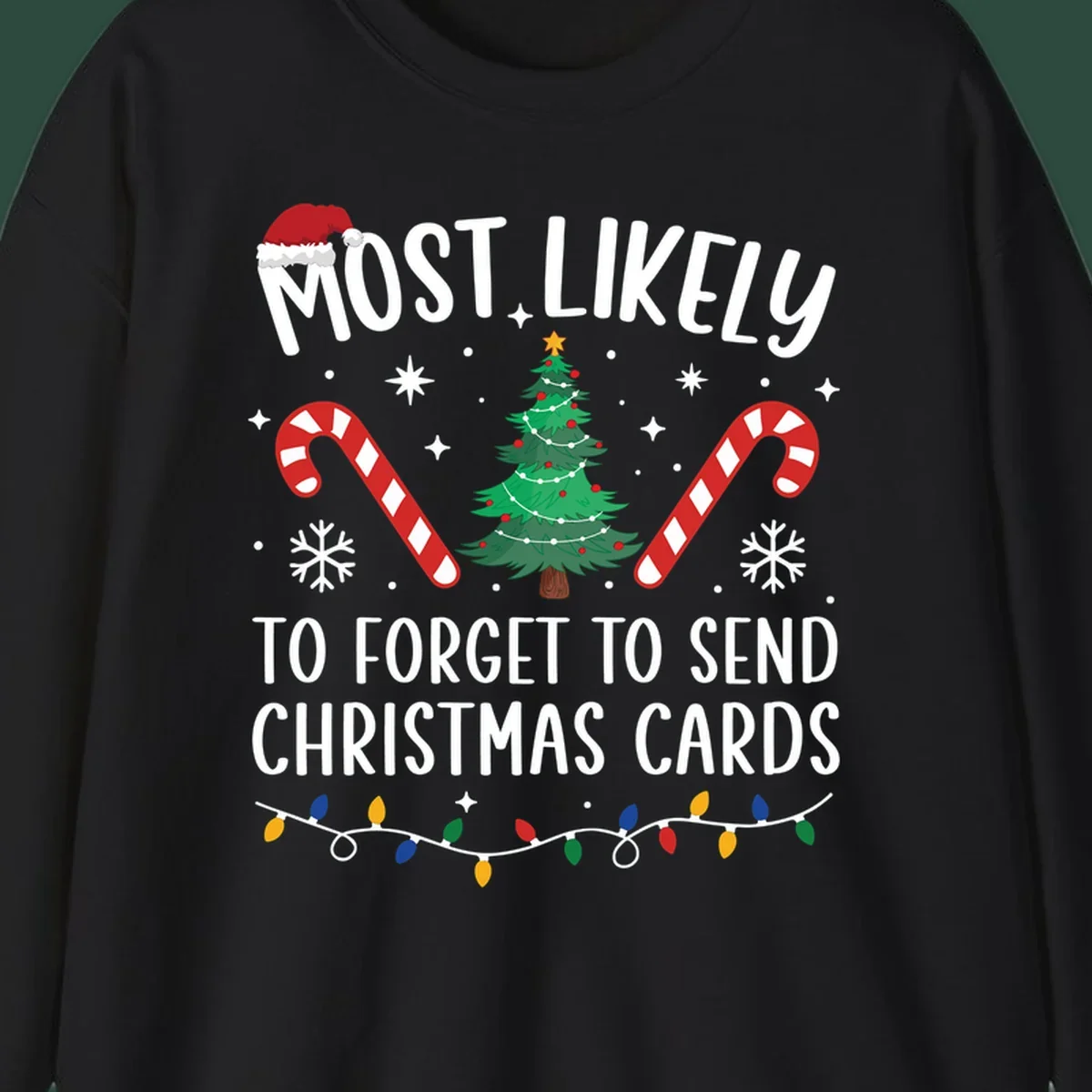Text and graphics for "Most Likely To Forget Christmas Cards" design, featuring a Santa hat, tree, and candy canes.