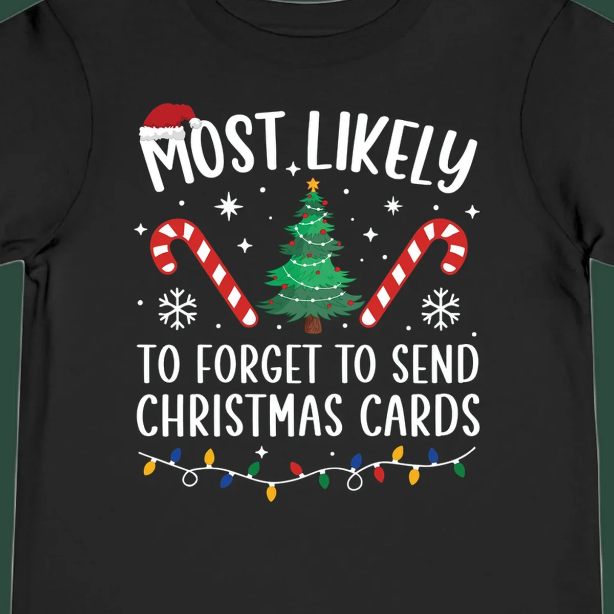 Text and graphics for "Most Likely To Forget Christmas Cards" design, featuring a Santa hat, tree, and candy canes.