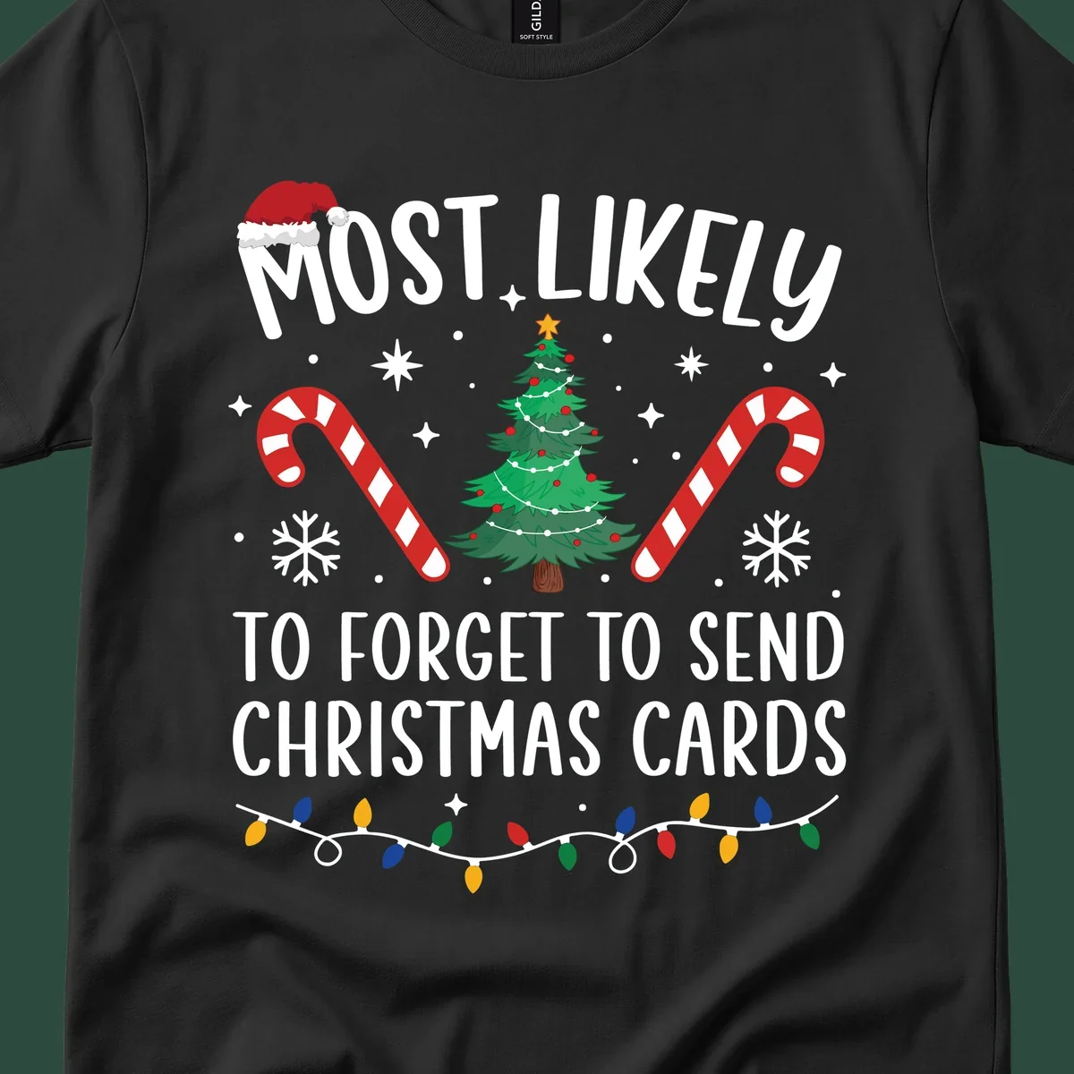 Text and graphics for "Most Likely To Forget Christmas Cards" design, featuring a Santa hat, tree, and candy canes.