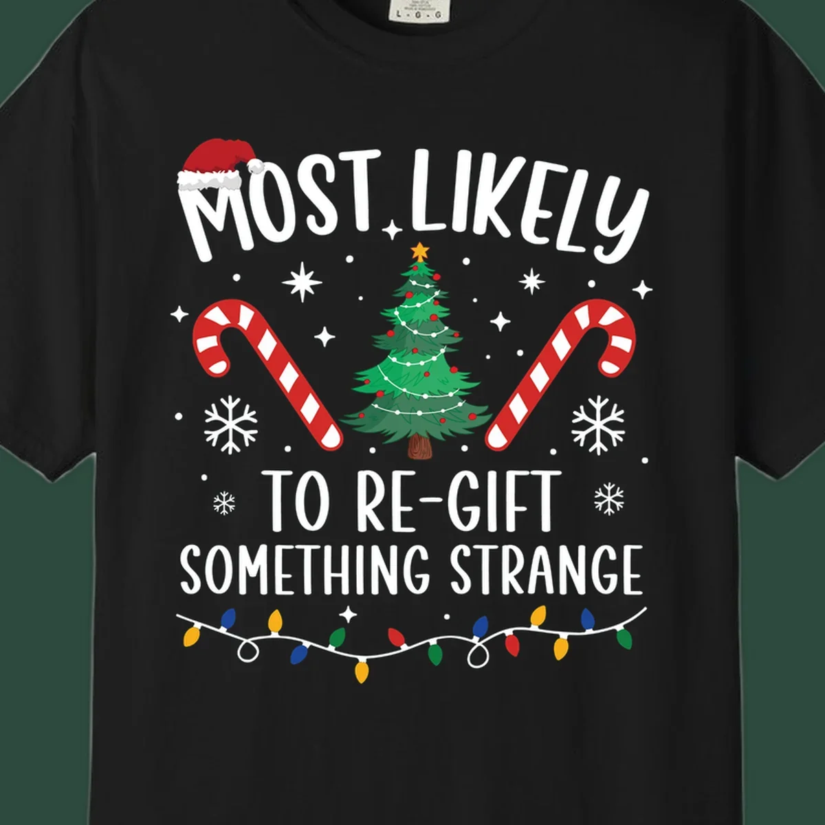 Most Likely To Re-Gift Something Strange holiday quote design with Christmas elements. 