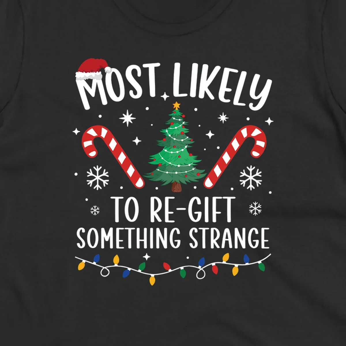 Most Likely To Re-Gift Something Strange holiday quote design with Christmas elements. 