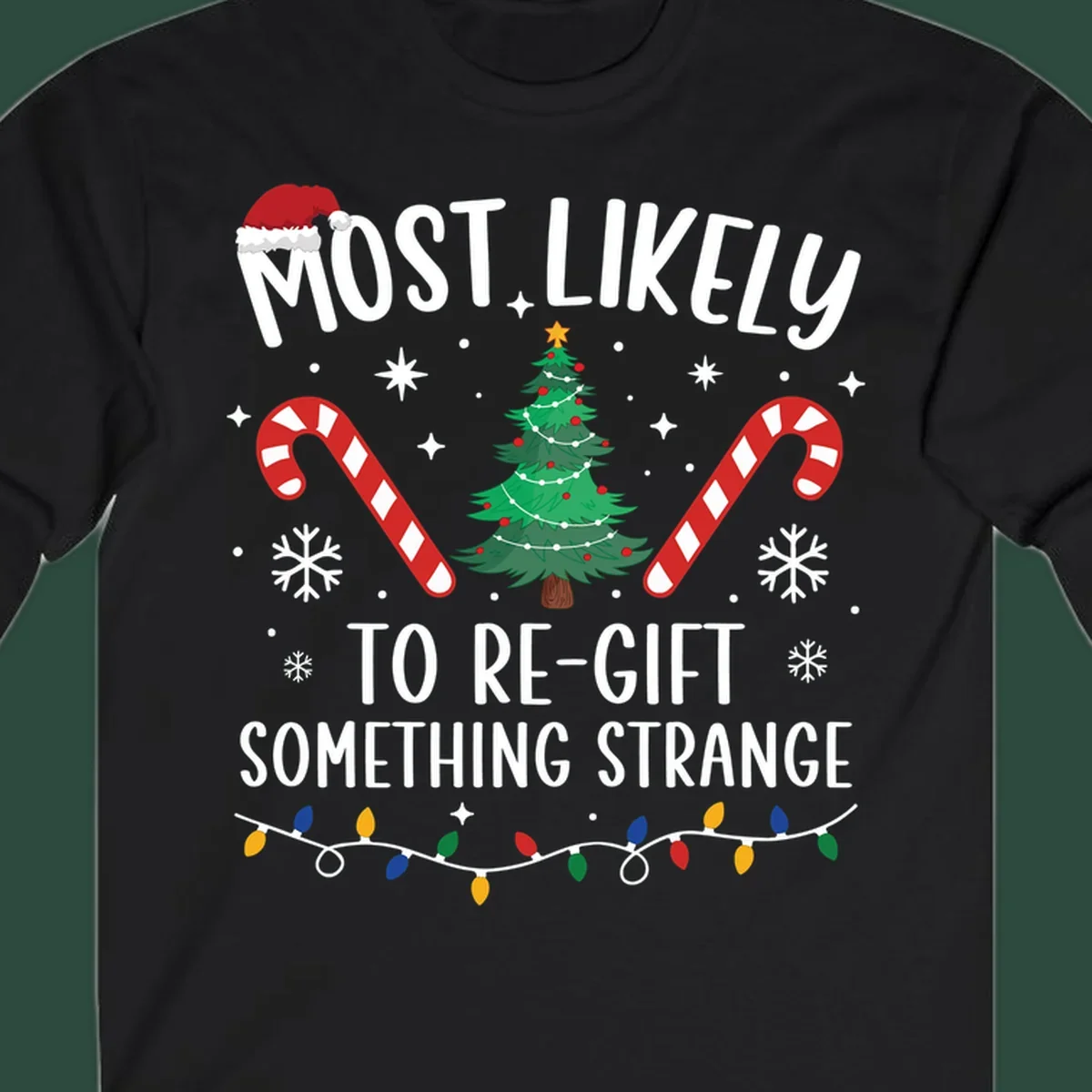 Most Likely To Re-Gift Something Strange holiday quote design with Christmas elements. 