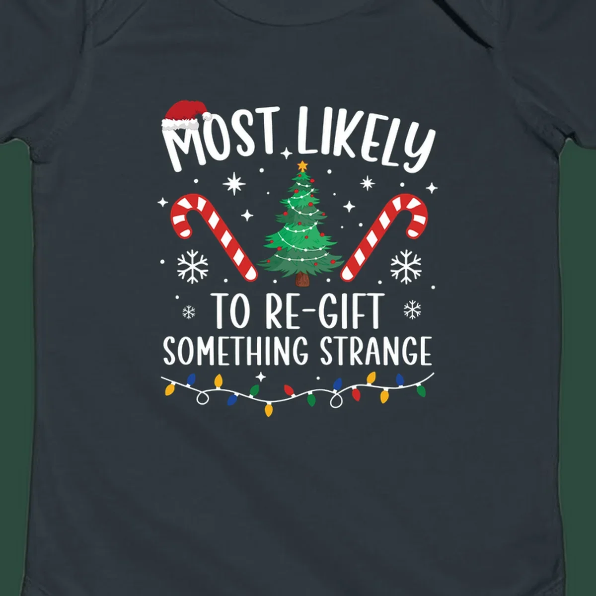 Most Likely To Re-Gift Something Strange holiday quote design with Christmas elements. 