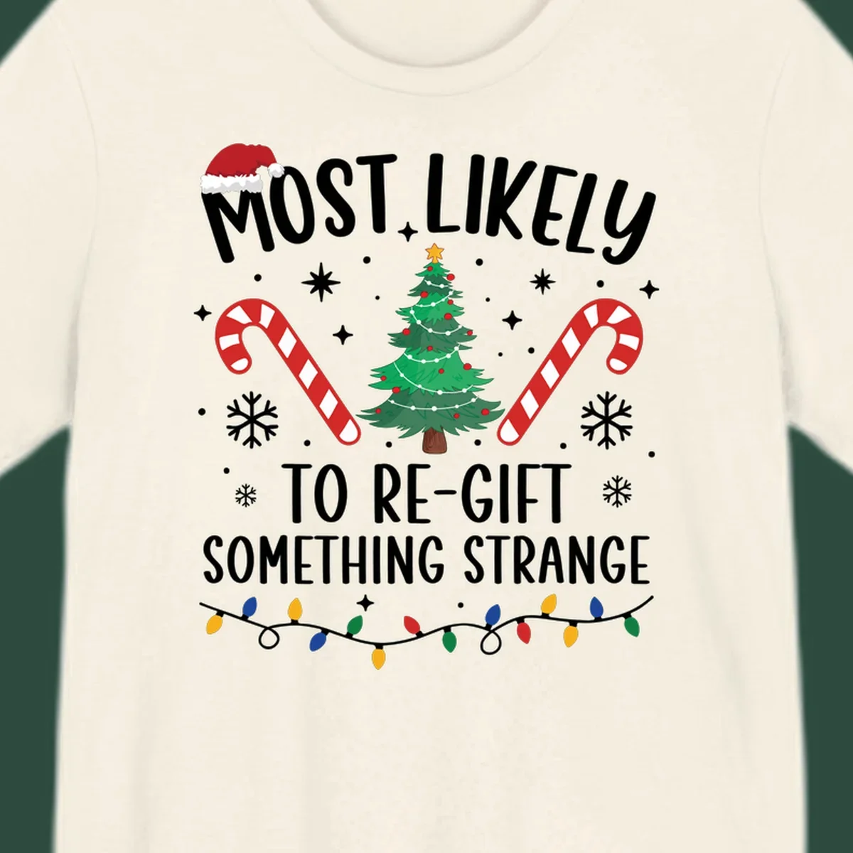 Most Likely To Re-Gift Something Strange holiday quote design with Christmas elements. 