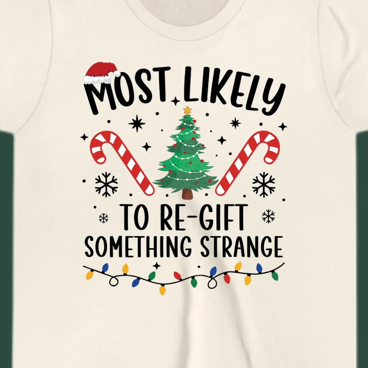 Most Likely To Re-Gift Something Strange holiday quote design with Christmas elements. 
