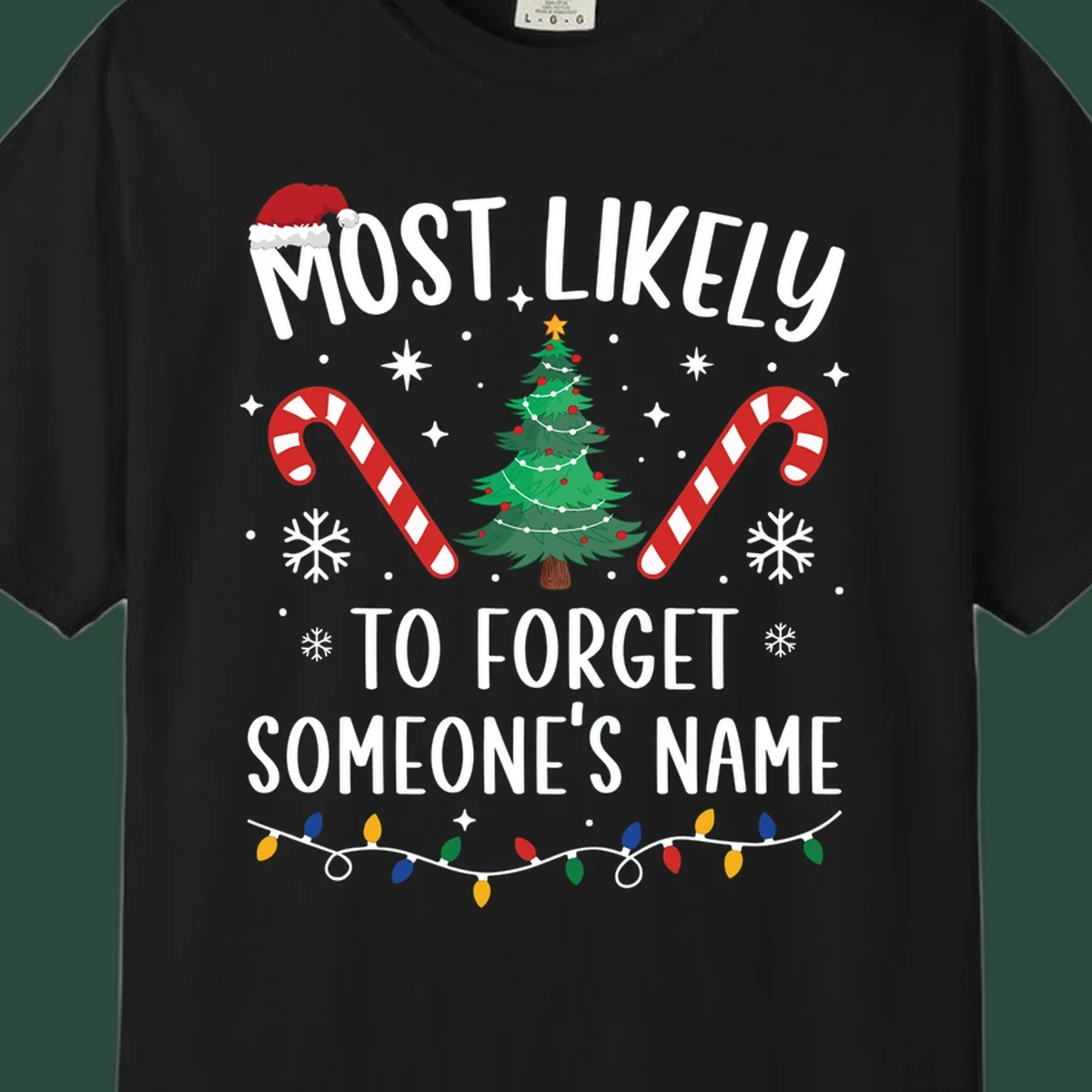 Most Likely To Forget Someone's Name Christmas design with tree, candy canes, and lights.