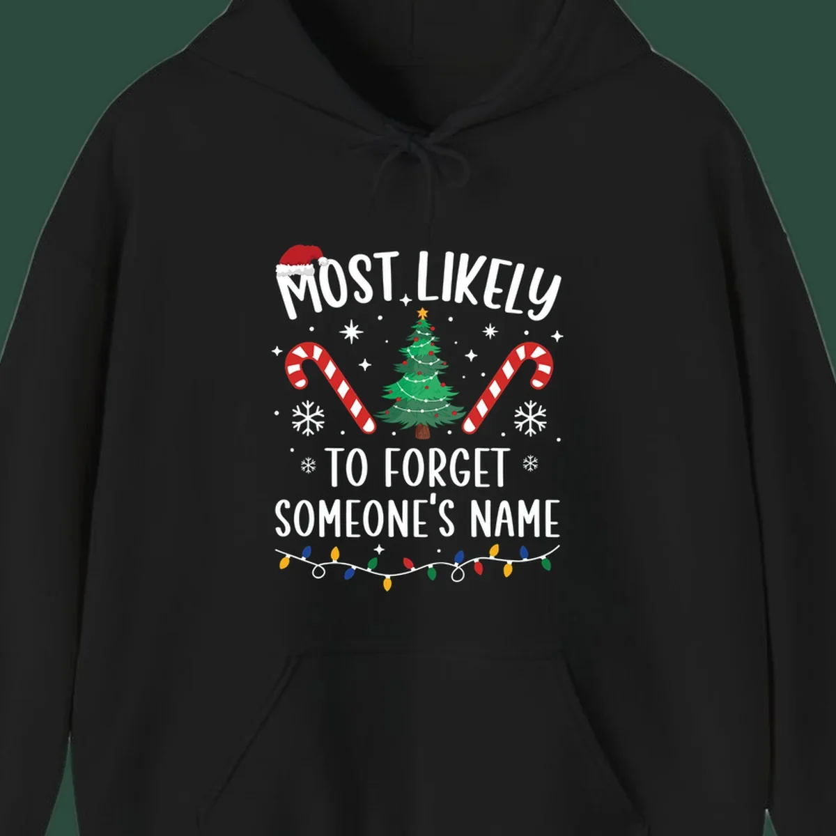 Most Likely To Forget Someone's Name Christmas design with tree, candy canes, and lights.