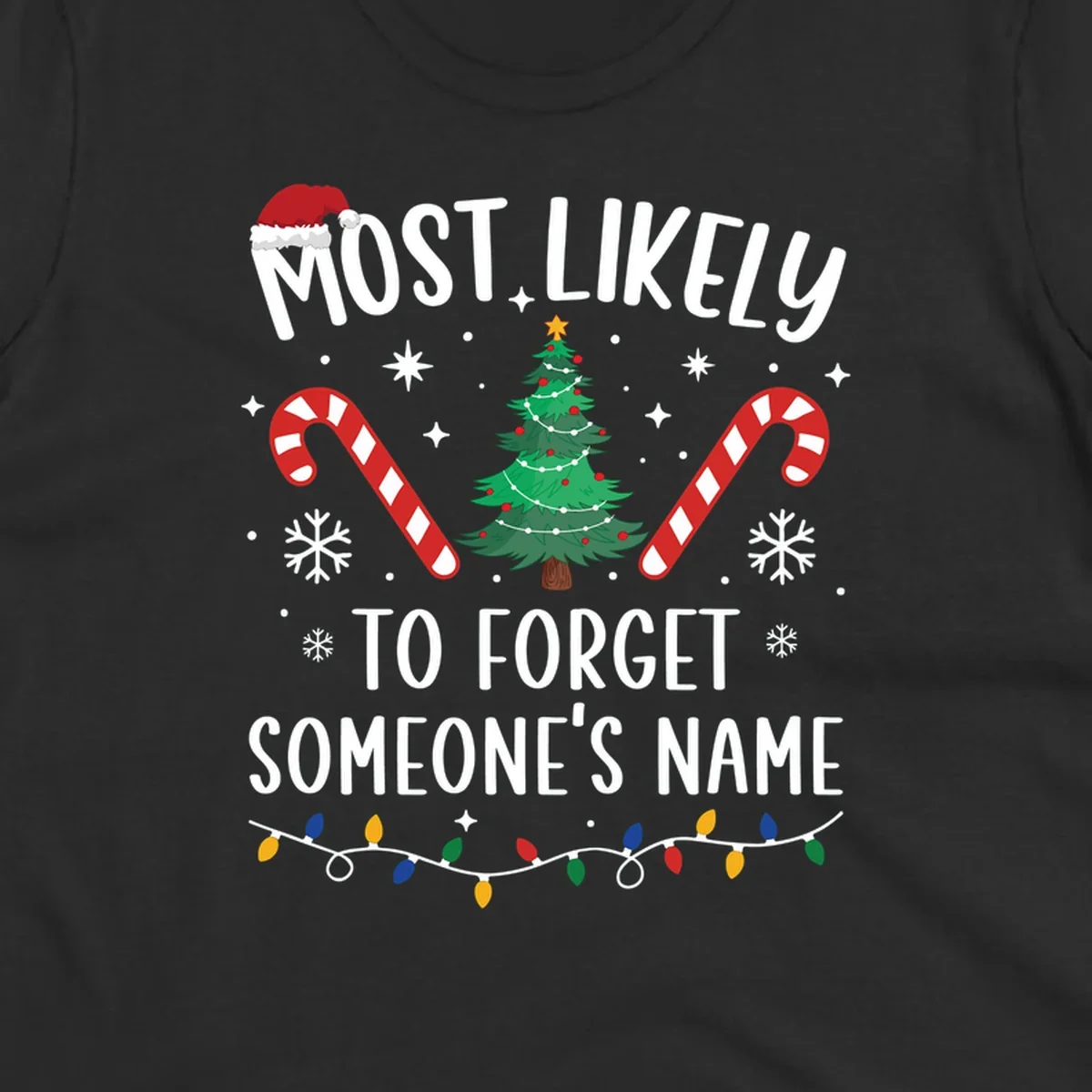 Most Likely To Forget Someone's Name Christmas design with tree, candy canes, and lights.
