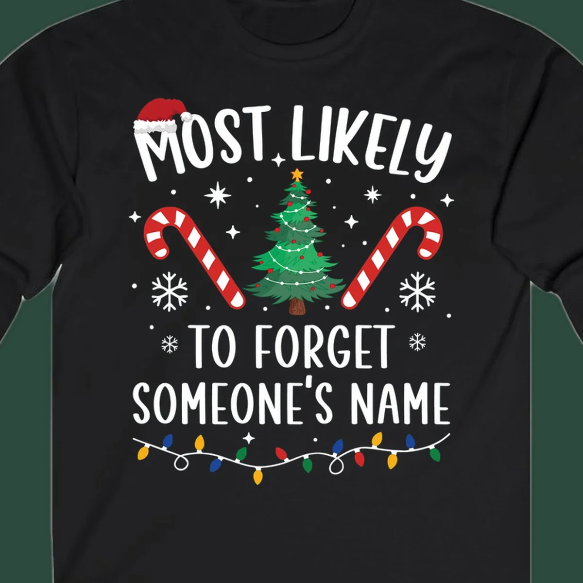 Most Likely To Forget Someone's Name Christmas design with tree, candy canes, and lights.