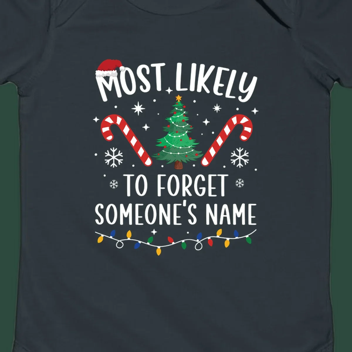 Most Likely To Forget Someone's Name Christmas design with tree, candy canes, and lights.