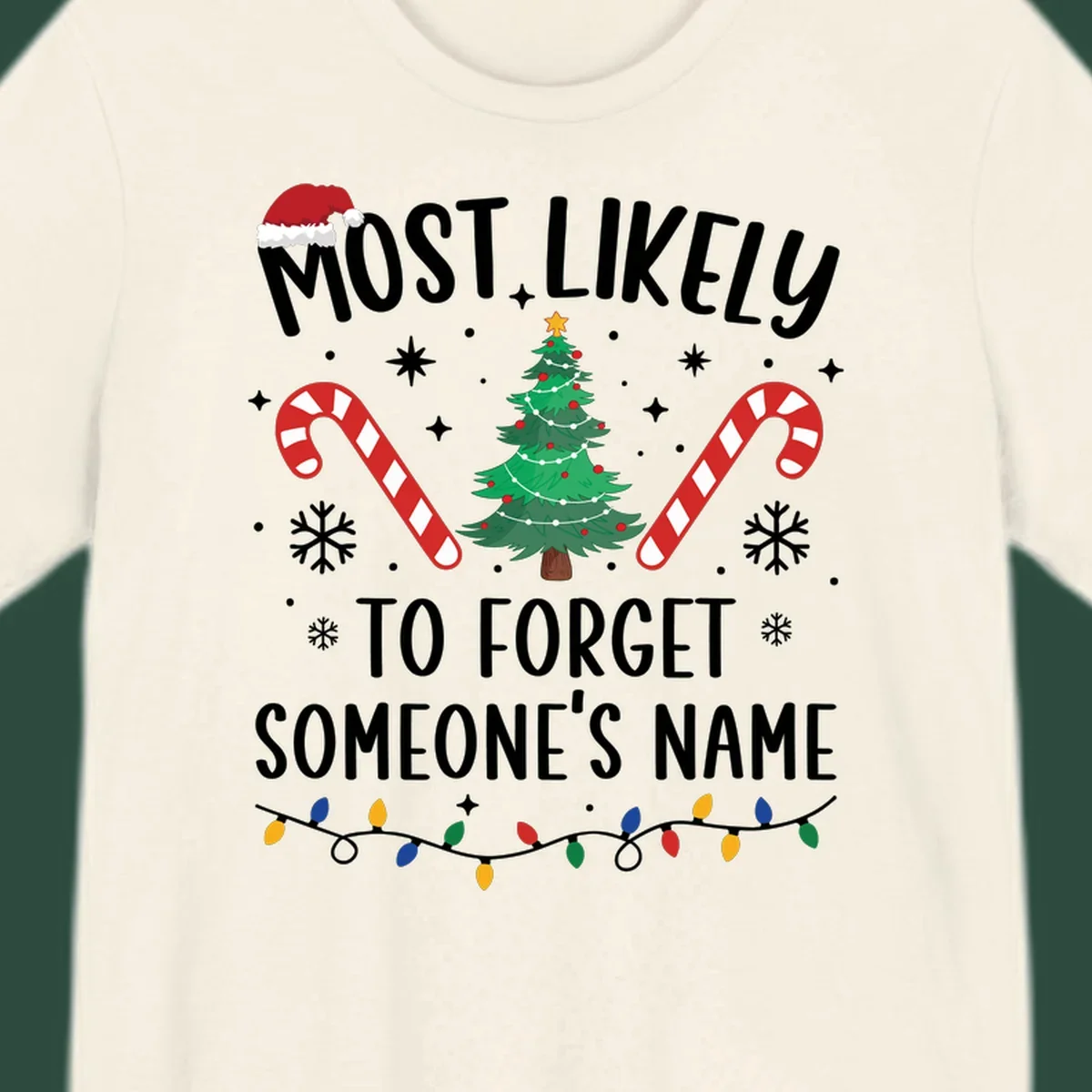 Most Likely To Forget Someone's Name Christmas design with tree, candy canes, and lights.