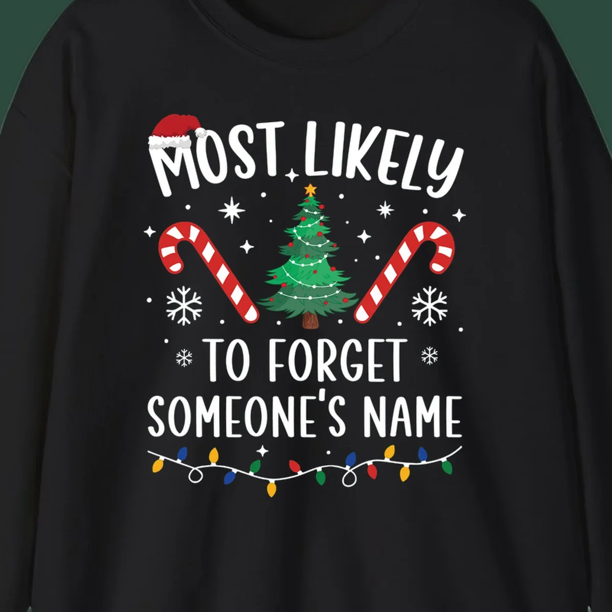 Most Likely To Forget Someone's Name Christmas design with tree, candy canes, and lights.